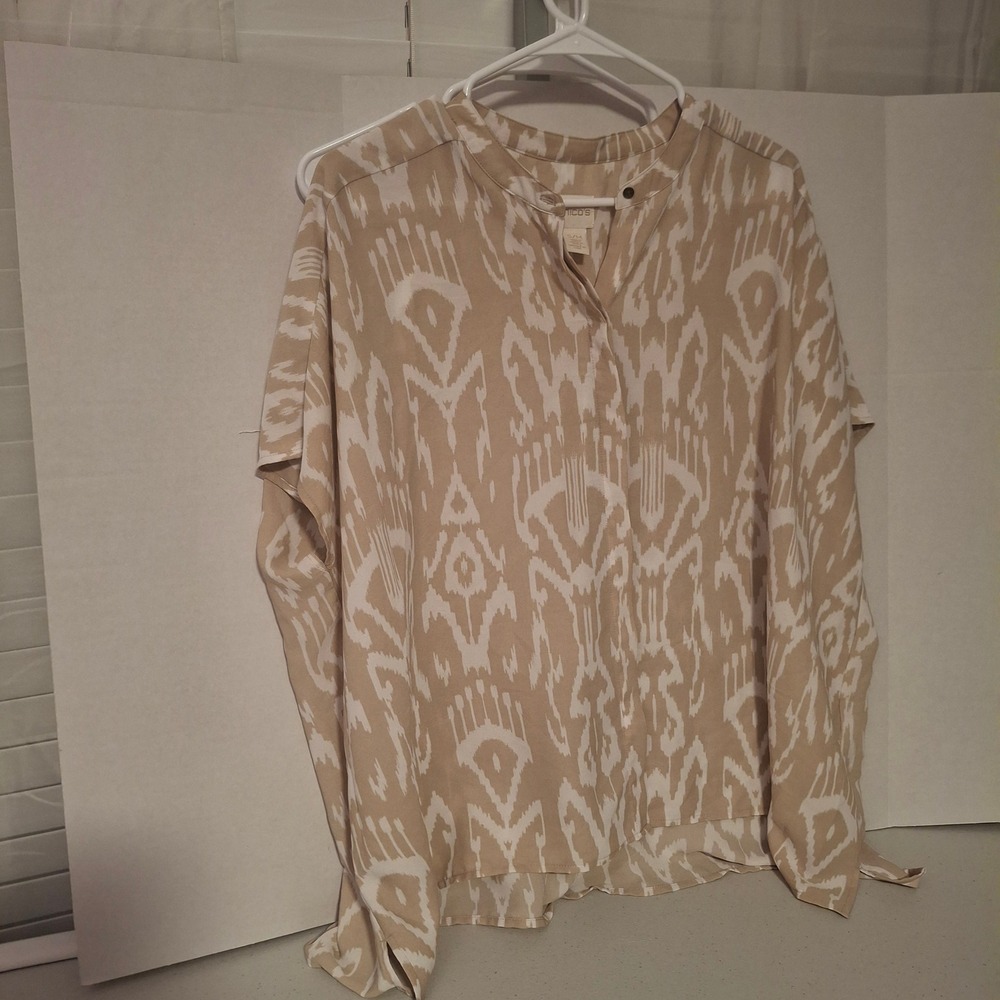 Chicos Women S/M Beige Ikat Print Poncho Blouse Short Sleeve‎ Split Neck Top